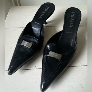 Prada Vintage Black Leather Mules with Silver Accent